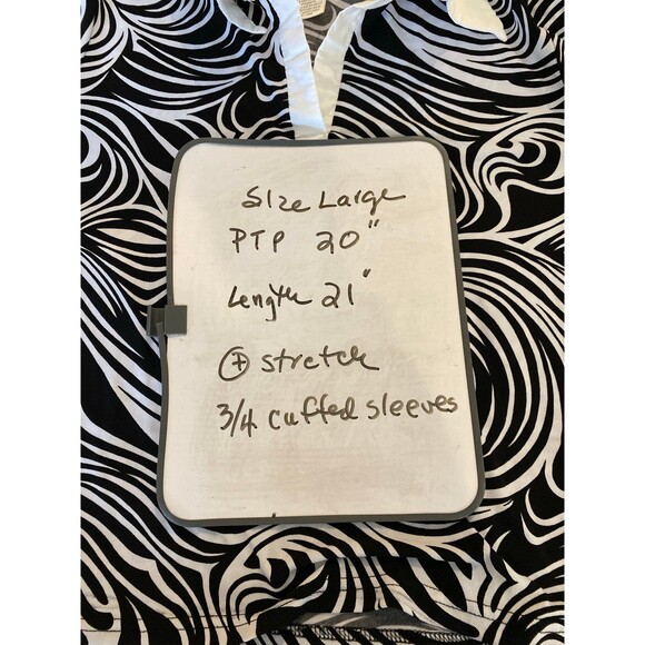 Worthington Blouse Sz Large Abstract Black & White Print Collared Top + Stretch - Picture 10 of 11